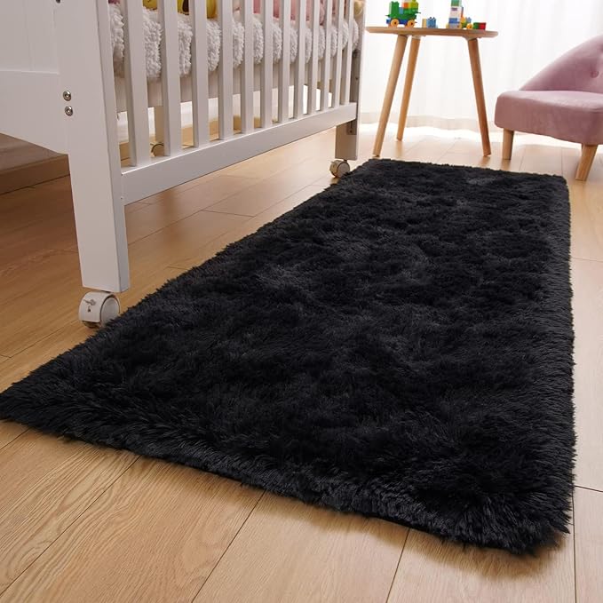 YJ.GWL Area Rugs for Bedroom, 2x3 Door Mat Washable Small Black Bedside Rug,Fluffy Shaggy Entryway Rugs for Living Room, Shag Indoor Floor Carpet for Kids Boy and Girls, Home Decor Aesthetic