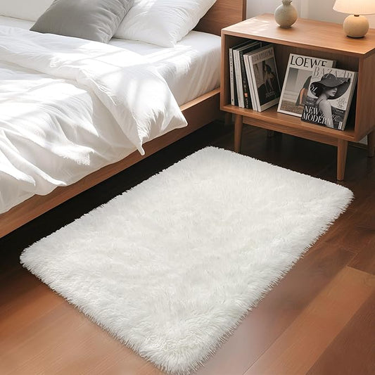 White Fluffy Rug for Bedroom Living Room, 2x3 Small Area Rug Furry Throw Bedside Rug for Dorm, Non-Slip Entryway Indoor Front Door Mat, Soft Plush Shag Carpet Washable for Nursery Kids Room