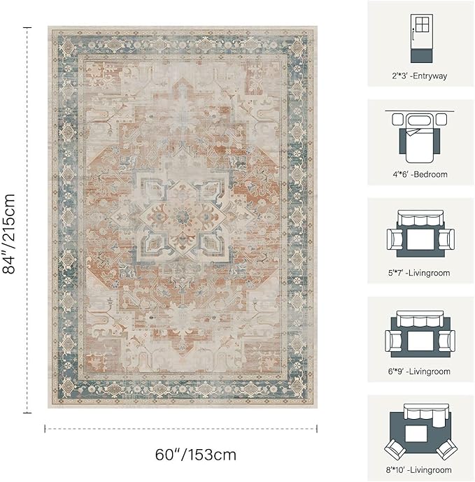 5X7 Washable Area Rug for Living Room, Neutral Vintage Boho Rugs for Office, Dining Room, Kids Room, Farmhouse, Low Pile Non Slip Carpet for High Traffic Areas, Coral