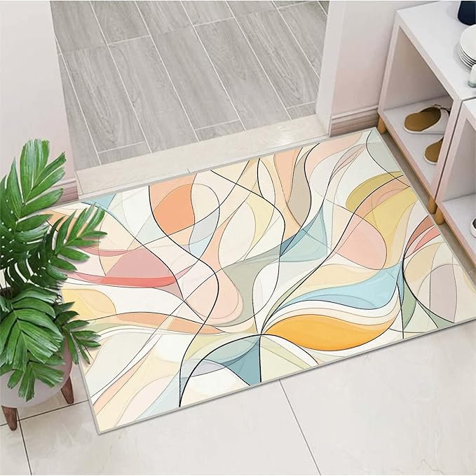 2x3 Entryway Rugs Machine Washable Area Rug Blue Yellow Pink White Modern Abstract Colorful Rug Non-Slip Low Pile Door Mat Entrance Small Carpet for Home Kitchen Bathroom Bedroom