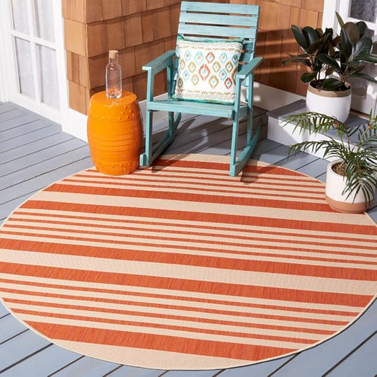 Safavieh Courtyard Collection CY6062 Stripe Indoor/ Outdoor Non-Shedding Stain Resistant Patio Backyard Area Rug, 7'10" Round, Terracotta / Beige