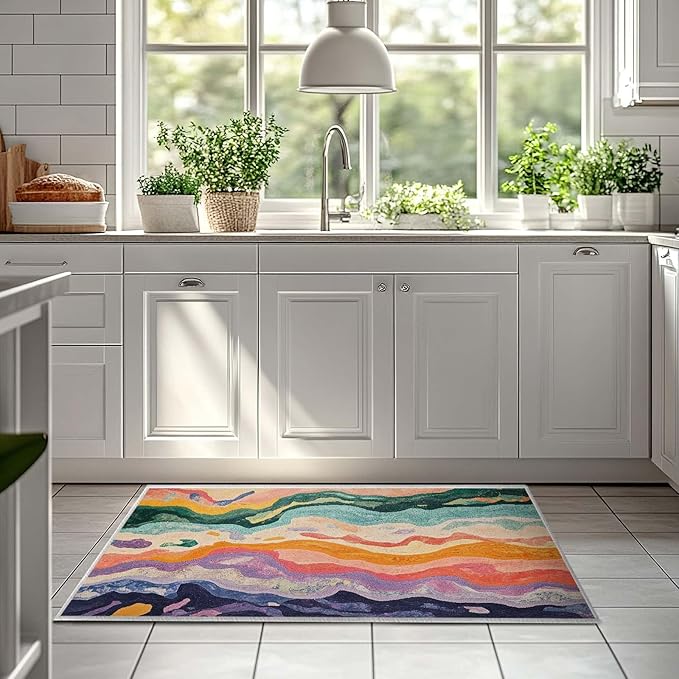 2x3 Entryway Rugs Machine Washable Area Rug Purple Yellow Pink Green Modern Abstract Colorful Rug Non-Slip Low Pile Door Mat Entrance Small Carpet for Home Kitchen Bathroom Bedroom