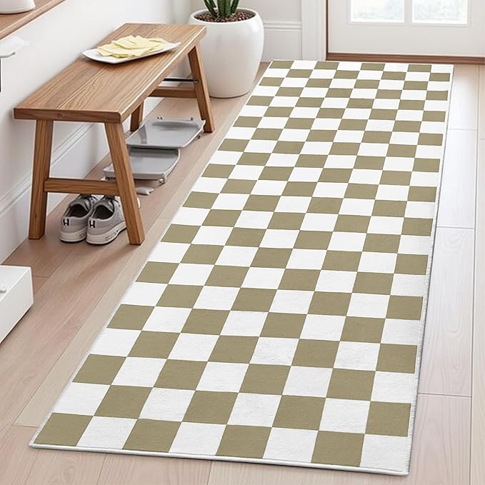 Terrug Beige and White Checkered Runner Rug for Bedroom, 2x6 Soft Washable Rug with Non Slip, Low Pile Stain Resistance Carpet for Entryway Hallway Kitchen Laundry Living Room