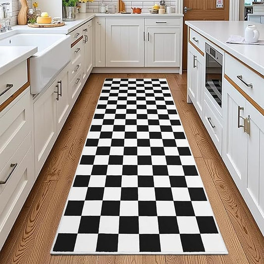 Terrug Black and White Checkered Runner Rug for Bedroom, 2x6 Soft Washable Rug with Non Slip, Low Pile Stain Resistance Carpet for Entryway Hallway Kitchen Laundry Living Room