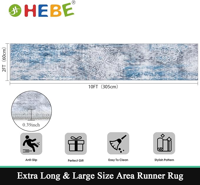 HEBE Hallway Runner Rug 2'x10' Washable Vintage Distressed Area Rugs Non Slip Laundry Rug Runner Boho Floor Carpet Runners for Hallways Entryway Laundry Room Kitchen Bathroom