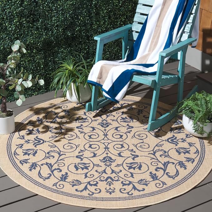 SAFAVIEH Courtyard Collection Area Rug - 5'3" Round, Natural & Blue, Scroll Design, Non-Shedding & Easy Care, Indoor/Outdoor & Washable-Ideal for Patio, Backyard, Mudroom (CY2098-3101)