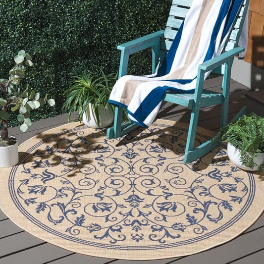 SAFAVIEH Courtyard Collection Area Rug - 5'3" Round, Natural & Blue, Scroll Design, Non-Shedding & Easy Care, Indoor/Outdoor & Washable-Ideal for Patio, Backyard, Mudroom (CY2098-3101)