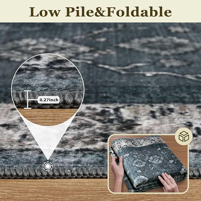 3x5 Washable Area Rugs for Living Room Stain-Resistant Bedroom Rug with Non-Shedding &Slip Faux Wool,Vintage Floral Aesthetic Carpet Foldable for Indoor Dining Room