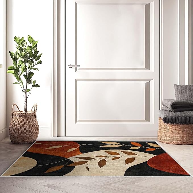 2x3 Entryway Rugs Machine Washable Boho Area Rug Vintage Black Brown Leaf Modern Abstract Rug Non-Slip Low Pile Door Mat Entrance Small Carpet for Home Kitchen Bathroom Bedroom