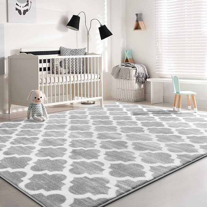 Geometric Shag Modern Area Rug for Living Room Bedroom, 3x5 Distressed Moroccan Fluffy Rug Indoor Carpet for Kids Nursery Bedside Room Decor, Memory Foam Super Soft Shaggy Rugs, Grey/White