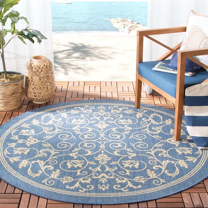 SAFAVIEH Courtyard Collection Area Rug - 5'3" Round, Blue & Natural, Scroll Design, Non-Shedding & Easy Care, Indoor/Outdoor & Washable-Ideal for Patio, Backyard, Mudroom (CY2098-3103)
