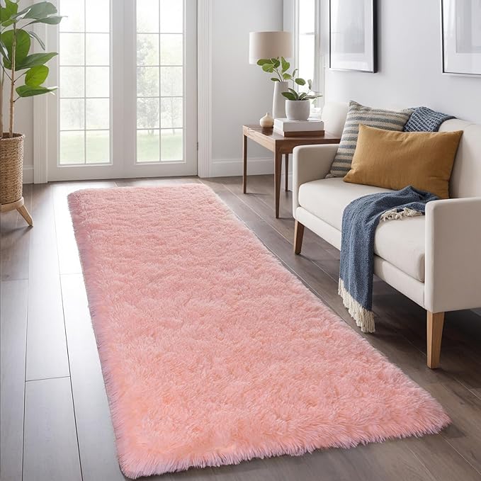 Zentavio Bedside Rugs for Girls Room 2x6 Runner Rugs for Hallway Bedroom Non Slip Fluffy Soft Shaggy Carpet for Kids Home Decor Aesthetic Dorm Nursery Pink