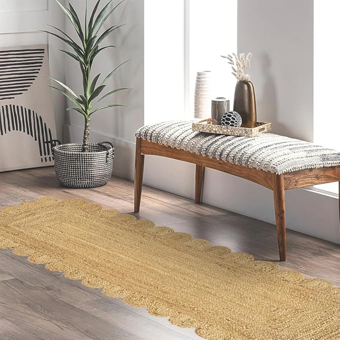 GRUHUM Scalloped Jute Runner Rug 2'6"x4'ft Natural Fibre Rectangular Boho Reversible Handwoven Soft Rustic Vintage Farmhouse Jute Area Rug Indoor EcoFriendly Livingroom Kitchen Hallways Enterways