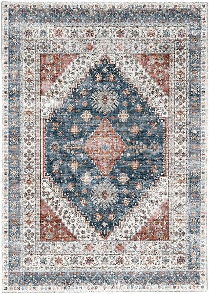 Rug for Living Room-Washable Area Rugs 5'x7' for Bedroom,Ultra-Soft Non-Shedding Faux Wool Vintage Design Boho Low Pile Mat Throw Carpet,Stain Resistant Rugs with Non-Slip Backing
