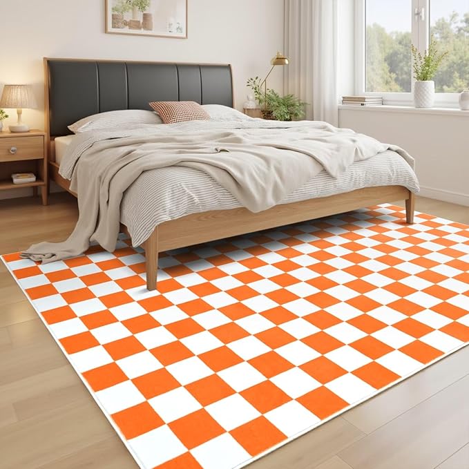 Terrug Orange and White Checkered Rug for Living Room Bedroom, 6x9 Soft Washable Area Rug with Non Slip, Low Pile Stain Resistance Carpet for Kids Room Entryway Kitchen Dorm