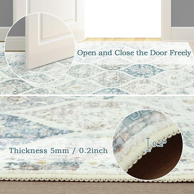 LIVEBOX Entryway Rug 3x5 Washable Area Rugs for Kitchen Bathroom, Boho Non-Slip Front Door Mat for Bedroom, Moroccan Low-Pile Carpet Throw Indoor Mats for Bath Laundry Room, Grey/Blue