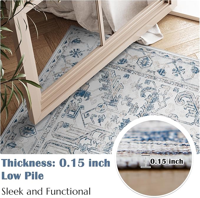 jinchan Kitchen Runner Rug 2x5-2pcs,Vintage Hallway Rug Washable Floral Non Slip with Rubber Backing Soft Carpet Runner for Bedroom Laundry Room Living Room Blue