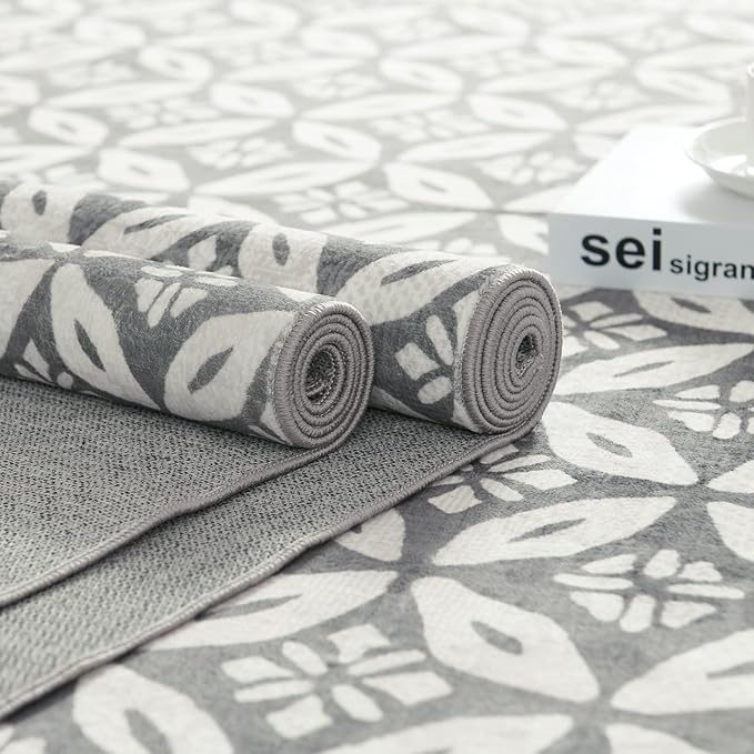 jinchan Runner Rug 2x5 - Hallway Rug Kitchen Washable Runner Rug Faux Wool Geometric Soft Rug Tile Pattern Floral Print Rug Stain Resistant Non-Slip Carpet for Bathroom Bedroom Laundry Room Grey
