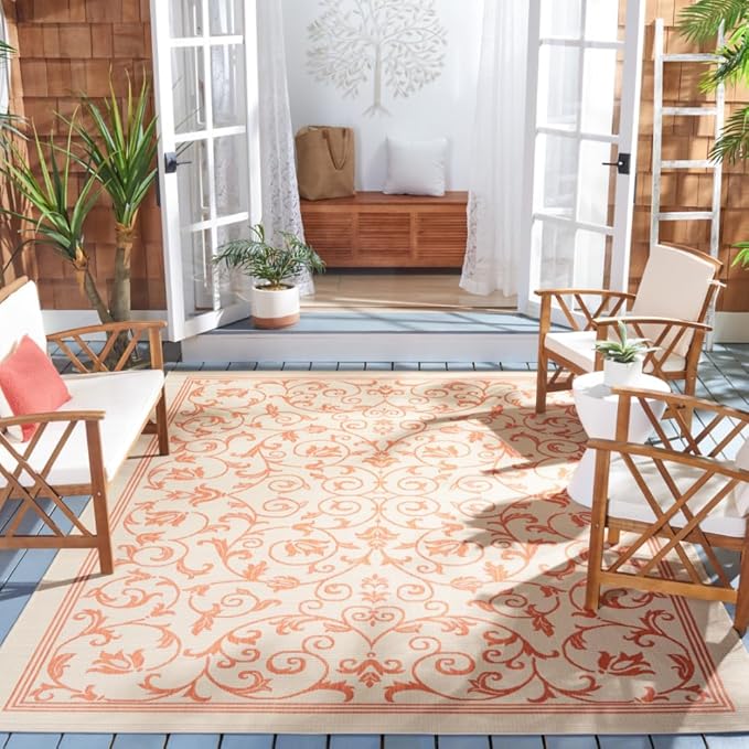 SAFAVIEH Courtyard Collection 8' x 11' Natural / Terra CY2098 Scroll Indoor/ Outdoor Patio Backyard Mudroom Area-Rug