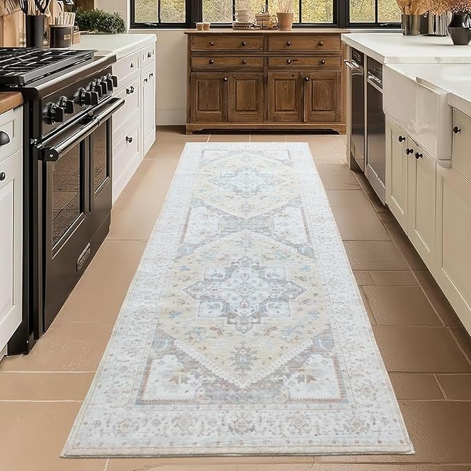 Runner Rug 2x6 Non Slip Machine Washable Boho Hallway Runner Rug, Low Pile Bohemian Rugs for Entryway, Corridor and Kitchen Beige & Ivory Color
