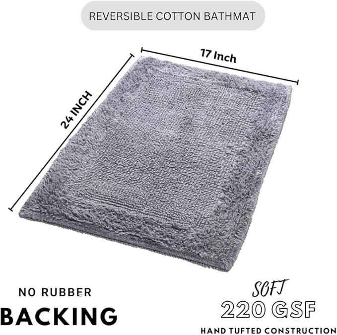 Savi Home Bath Mat Rug 17x24 Charcoal Grey, 100% Pure Cotton, Super Soft White, Plush & Absorbent, Hand Tufted Heavy Weight Construction, Full Reversible Step Out Rugs
