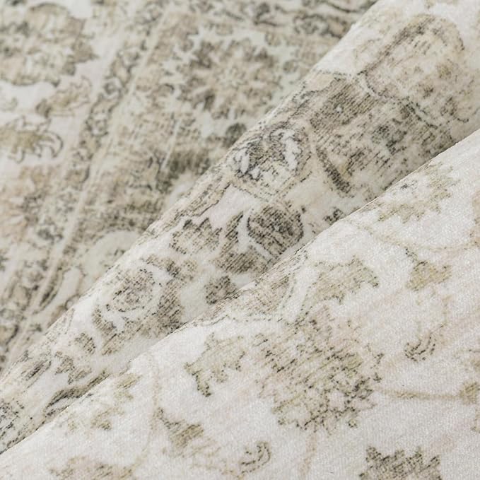 2x6 Washable Neutral Runner Rug Taupe Hallway Kitchen Non-Slip Low Pile Floral Carpet Vintage Soft Thin Throw Rug for Bathroom Bedroom Entryway Laundry Dining Room