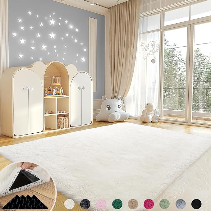 4x6 Rugs for Living Room, Large Fluffy Cream White Area Rugs for Bedroom, Soft Carpet Shag Kids Rug with 4 Non-Slip Rug Pads (4ft x 6ft, Cream White)