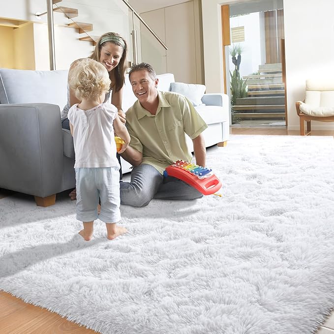 YJ.GWL Area Rug for Living Room Bedroom, 8x10 Washable Large White Carpet, Soft Fluffy Shaggy Thick Big Shag Indoor Floor Rug for Kids Boy and Girls Room Dorm Home Decor Aesthetic