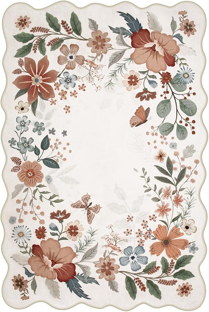 Beeiva 6x9 Area Rugs for Living Room, Washable Floral Playroom Rug, Thin Low Pile Stain Resistance Large Carpet for Bedroom, Dining Room or Nursery - Beige