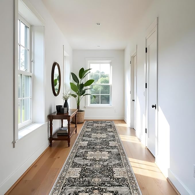 RUUGME Hallway 3x16 Runner Rug - Large Boho Rugs for Living Room Stain Resistant Carpet Vintage Tribal Rugs for Bedroom Kitchen Non Slip Backing Home Decor Floor Decoration Mat 3x16 Black