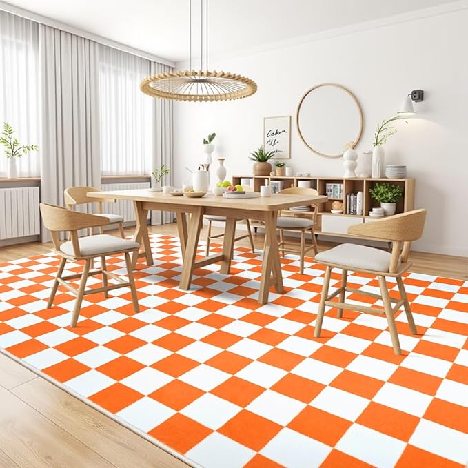 Terrug Orange and White Checkered Rug for Living Room Bedroom, 6x9 Soft Washable Area Rug with Non Slip, Low Pile Stain Resistance Carpet for Kids Room Entryway Kitchen Dorm