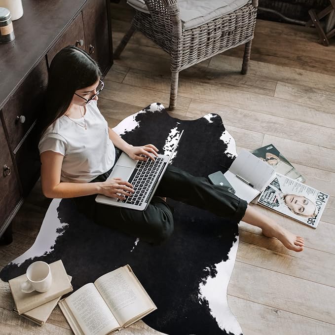 AROGAN Oversized Faux Cow Hides and Skins Rug-5.2 × 6.2 Feet Cow Print Area Rugs for Living Room Bedroom Western Rug Boho Room Decor, Animal Hide with No-Slip Backing, Black and White