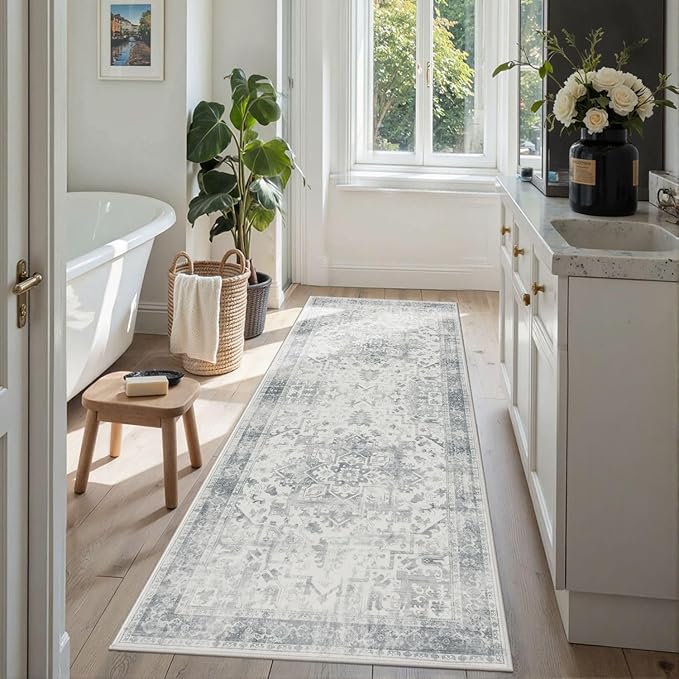 2x5 Hallway Runner Rug, Non Slip Boho Runner Rugs for Hallway, Kitchen, Entrance, Bathroom, Laundry Room, Soft Ultra-Thin Entryway Carpet, Throw Low Pile Retro Imitation Wool Carpet, Grey