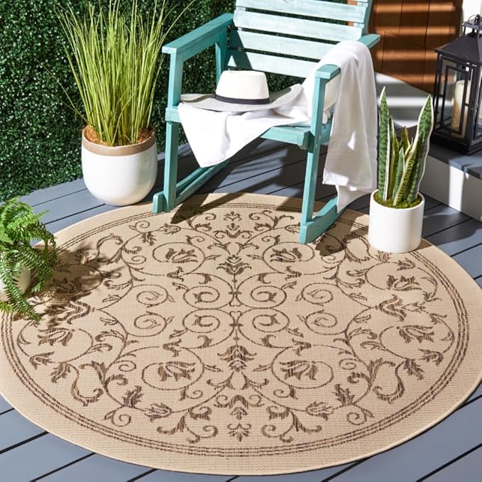 SAFAVIEH Courtyard Collection Area Rug - 5'3" Round, Natural & Brown, Scroll Design, Non-Shedding & Easy Care, Indoor/Outdoor & Washable-Ideal for Patio, Backyard, Mudroom (CY2098-3001)