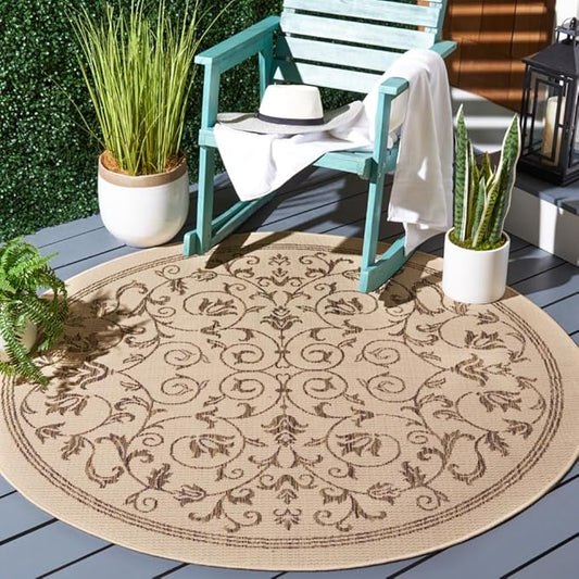 SAFAVIEH Courtyard Collection Area Rug - 5'3" Round, Natural & Brown, Scroll Design, Non-Shedding & Easy Care, Indoor/Outdoor & Washable-Ideal for Patio, Backyard, Mudroom (CY2098-3001)