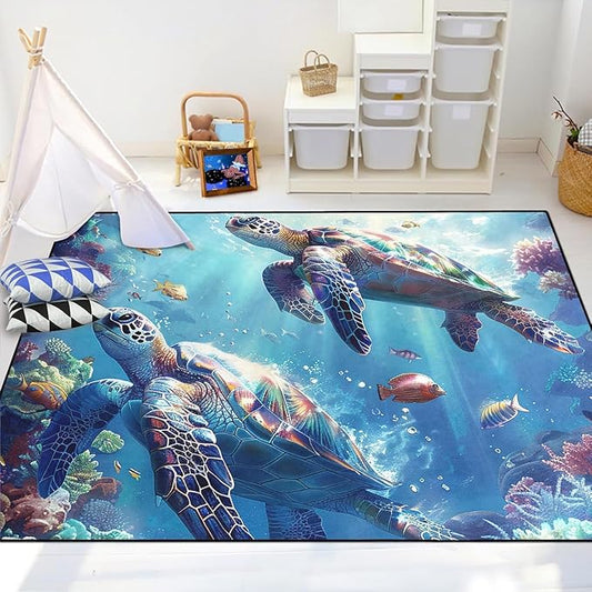 Sea Turtle Rug for Bedroom - Sea Turtle Ocean Animal Prints Carpet Rug for Kids Boys Room Underwater Ocean Theme Decor, 63" L x 47" W