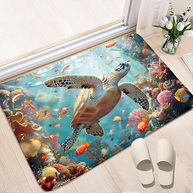 Sea Turtles Coastal Rugs - Kids Sea Turtle Rug for Bedroom Ocean Life Theme, 35 x 23 Inches