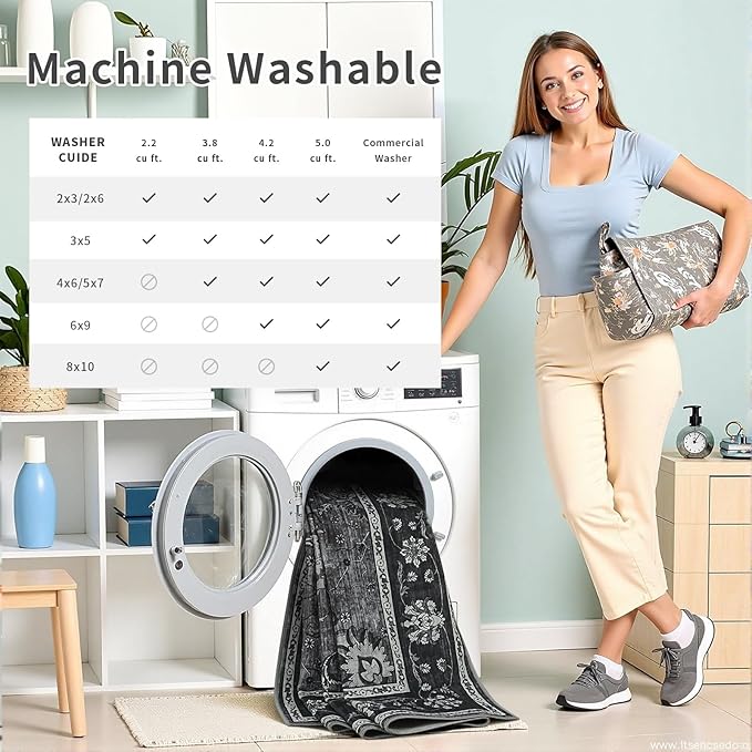 Vasofe 4x6 Area Rugs for Living Room, Machine Washable Low-Pile Carpet Rug for Bedroom, Vintage Floral Print Indoor Floor Rug for Dining Room Office Nursery Dorm Kids Room Bedside Decor, Black/Grey