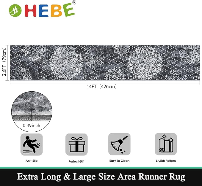 HEBE Hallway Runner Rug 2'8''x14' Washable Vintage Distressed Area Rugs Non Slip Laundry Rug Runner Boho Floor Carpet Runners for Hallways Entryway Laundry Room Kitchen Bathroom