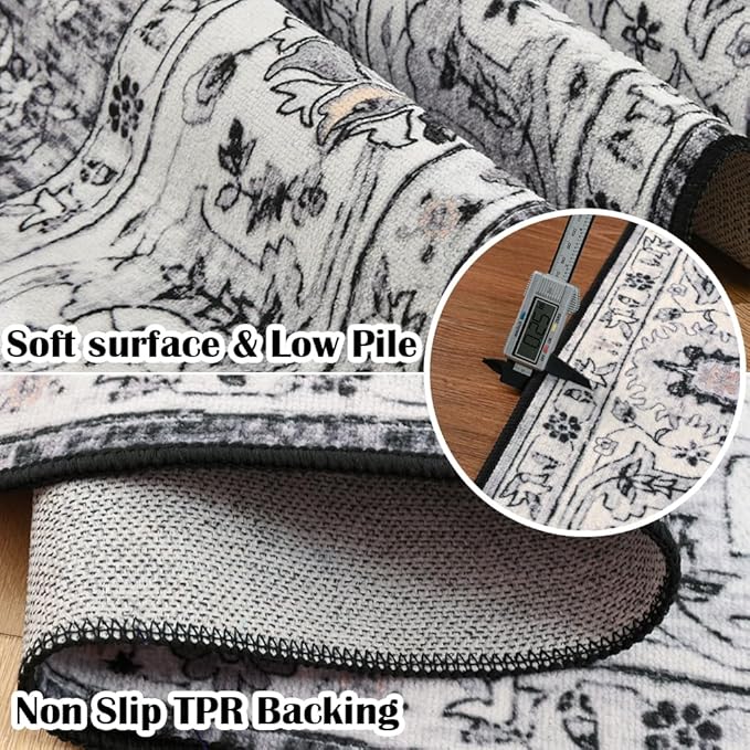 Washable Area Rug 4x6, Non-Slip Vintage Floral Rug Low Pile Stain Resistant Chenille Throw Carpet for Living Room Bedroom Kitchen Dining Room Dorm Farmhouse Boho Home Decor (Grey)