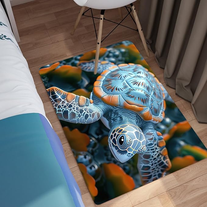 Sea Turtles Rug - Seafloor Turtle Area Rug for Kids 35" L x 23" W Silver Ocean Life Turtles Carpet Rugs for Bedroom Living Room Kids Room Decor