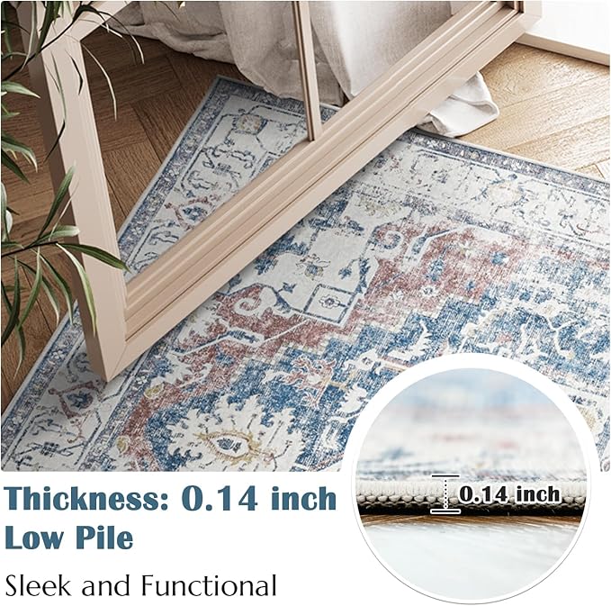 jinchan Runner Rug 2x10 Hallway Rug Kitchen Washable Runner Vintage Mat Retro Lightweight Non-Slip Floor Cover Distressed Thin Carpet for Entryway Bathroom Bedroom Laundry Room Stairway Navy Blue