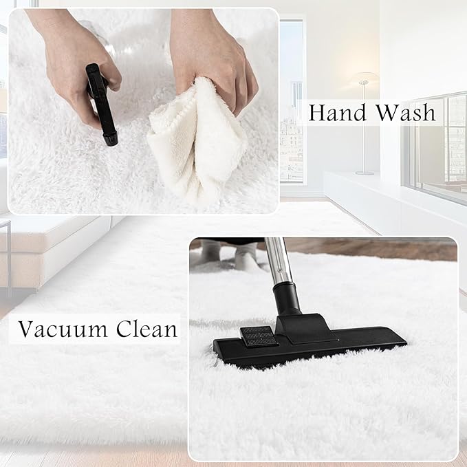 3x5 Area Rug for Bedroom, White Rugs for Living Room Nursery Kids Room Dorm Home Decor Aesthetic, Fluffy Shaggy Rug with 4 Anti-Slip Carpet Tapes