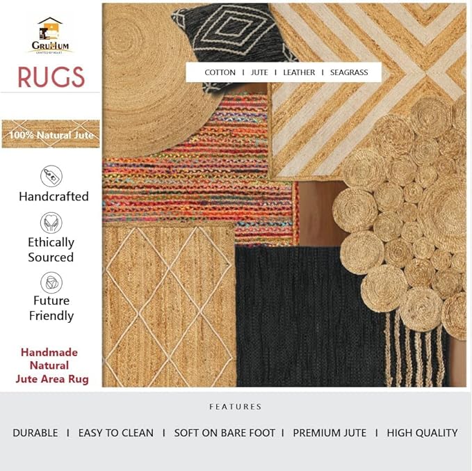 GRUHUM Jute Cotton Area Rug 8x10 ft,Rectangular Natural Fiber Handwoven Boho Farmhouse Soft Braided Rustic Vintage EcoFriendly Reversible Rug,Indoor EcoFriendly Kitchen Bedroom Living Room Hallways