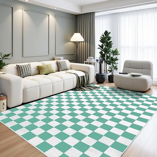 Terrug Green and White Checkered Rug for Living Room Bedroom, 3x5 Soft Washable Area Rug with Non Slip, Low Pile Stain Resistance Carpet for Kids Room Entryway Kitchen Dorm