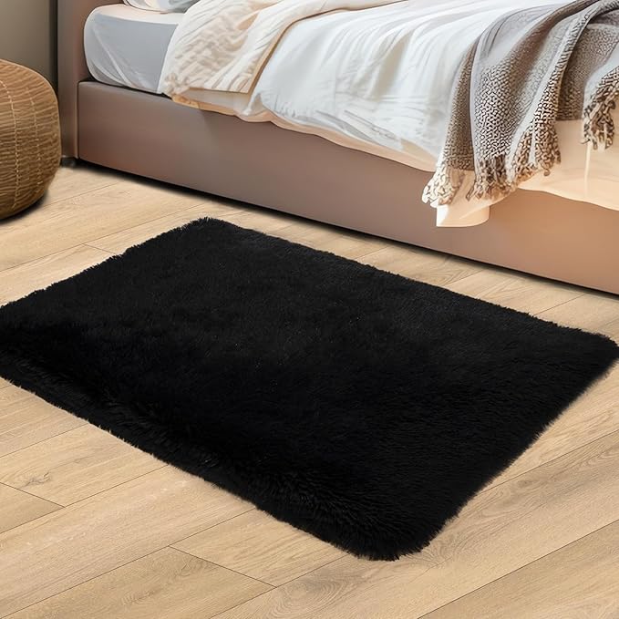 Black Rugs for Bedroom, 2x3 Feet Fluffy Area Rugs for Living Room, Soft Shag Kids Rug Small Carpet with 4 Non-Slip Rug Pads (2ft x 3ft, Black)