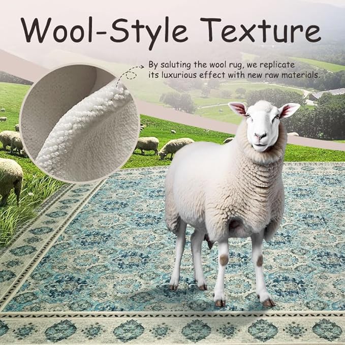 Vintage Washable Area Rug 4x6, Spill-Proof Surface, Non-Slip Backing, Cozy Soft Faux Wool, Printed Rug for Entryway, Living Room, Bedroom- Maya