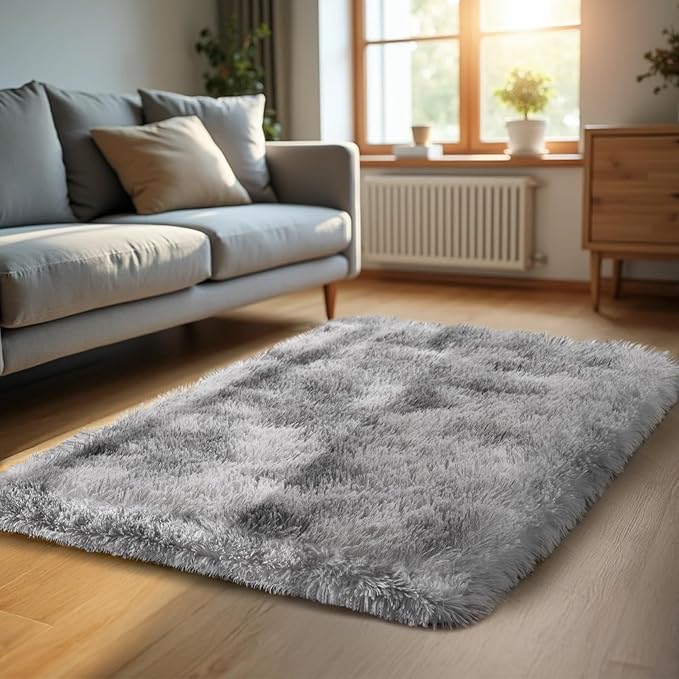 Zentavio Bedside Rugs Small 2x3 Shag Entry Entrance Rugs Soft Bedroom Carpet Area Rugs for Dorm College Essentials Non-Slip Living Room Throw Rug Home Decor Aesthetic Nursery Tie-Dyed Grey White