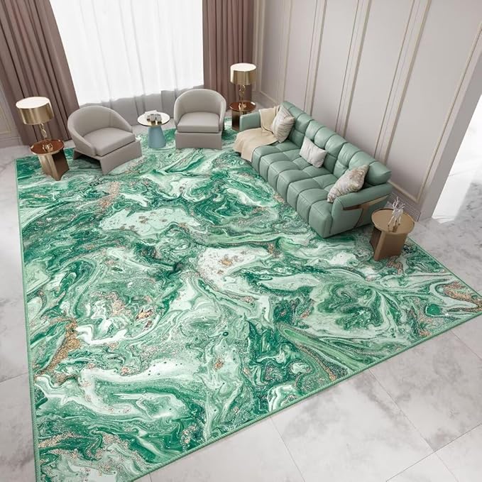 Washable Area Rug 9x12 - Artistic Style Modern Rug for Living Room Bedroom Dining Room, Soft Low Pile Machine Washable Carpet, Non Slip Non Shedding Area Rug - Green/Gold, 9'x12'