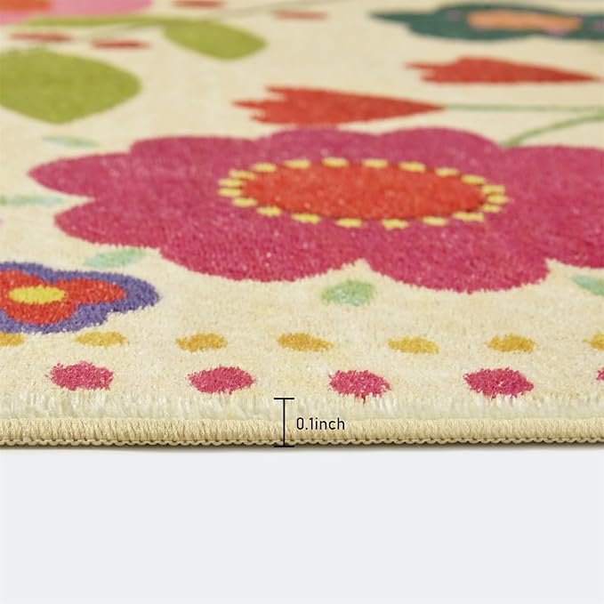 Washable Boho Floral Rugs Thin Pile, Cute Aesthetic Vintage Hippie Bedroom Rugs Colorful Rose Pink Bright Trendy Indie Dorm Carpet, Country Flowers 5x7 Area Rug for Dining Living Room Entryway Kitchen